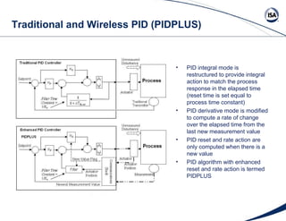 Traditional and Wireless PID (PIDPLUS) PID integral mode is restructured to provide integral action to match the process response in the elapsed time (reset time is set equal to process time constant) PID derivative mode is modified to compute a rate of change over the elapsed time from the last new measurement value PID reset and rate action are only computed when there is a new value PID algorithm with enhanced reset and rate action is termed PIDPLUS 