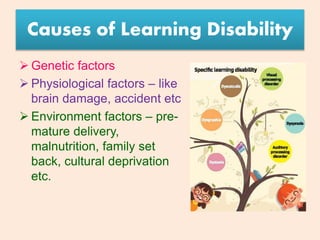 Suresh Babu G
Causes of Learning Disability
 Genetic factors
 Physiological factors – like
brain damage, accident etc
 Environment factors – pre-
mature delivery,
malnutrition, family set
back, cultural deprivation
etc.
 