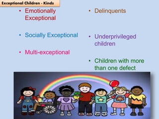 • Emotionally
Exceptional
• Socially Exceptional
• Multi-exceptional
• Delinquents
• Underprivileged
children
• Children with more
than one defect
Exceptional Children - Kinds
 