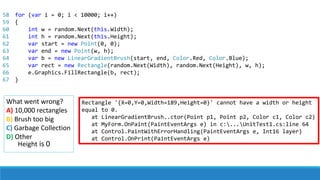 Rectangle '{X=0,Y=0,Width=189,Height=0}' cannot have a width or height
equal to 0.
at LinearGradientBrush..ctor(Point p1, Point p2, Color c1, Color c2)
at MyForm.OnPaint(PaintEventArgs e) in c:...UnitTest1.cs:line 64
at Control.PaintWithErrorHandling(PaintEventArgs e, Int16 layer)
at Control.OnPrint(PaintEventArgs e)
What went wrong?
A) 10,000 rectangles
B) Brush too big
C) Garbage Collection
D) Other
58
59
60
61
62
63
64
65
66
67
for (var i = 0; i < 10000; i++)
{
int w = random.Next(this.Width);
int h = random.Next(this.Height);
var start = new Point(0, 0);
var end = new Point(w, h);
var b = new LinearGradientBrush(start, end, Color.Red, Color.Blue);
var rect = new Rectangle(random.Next(Width), random.Next(Height), w, h);
e.Graphics.FillRectangle(b, rect);
}
Height is 0
 