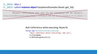 IL_0028: ldloc.1
IL_0029: callvirt instance object ExceptionalExamples.Route::get_To()
Null reference while executing: Route.To
throw new NullReferenceException(
"Null reference while executing: {0}.{1}",
m.ClassName,
m.MethodSignature());
throw new NullReferenceException(“Object reference not set to an instance of an object.”)
Object reference not set to an instance of an object.
 