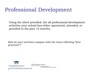 Professional Development Using the sheet provided, list all professional development activities your school has either sponsored, attended, or provided in the past 12 months. How do your activities compare with the items reflecting “best practices”? 