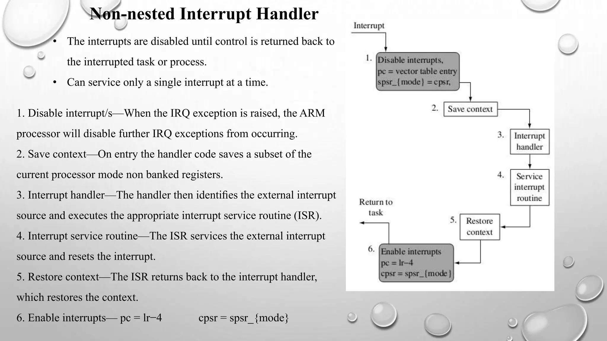 Non-nested Interrupt Handler
• The interrupts are disabled until control is returned back to
the interrupted task or process.
• Can service only a single interrupt at a time.
1. Disable interrupt/s—When the IRQ exception is raised, the ARM
processor will disable further IRQ exceptions from occurring.
2. Save context—On entry the handler code saves a subset of the
current processor mode non banked registers.
3. Interrupt handler—The handler then identiﬁes the external interrupt
source and executes the appropriate interrupt service routine (ISR).
4. Interrupt service routine—The ISR services the external interrupt
source and resets the interrupt.
5. Restore context—The ISR returns back to the interrupt handler,
which restores the context.
6. Enable interrupts— pc = lr−4 cpsr = spsr_{mode}
 