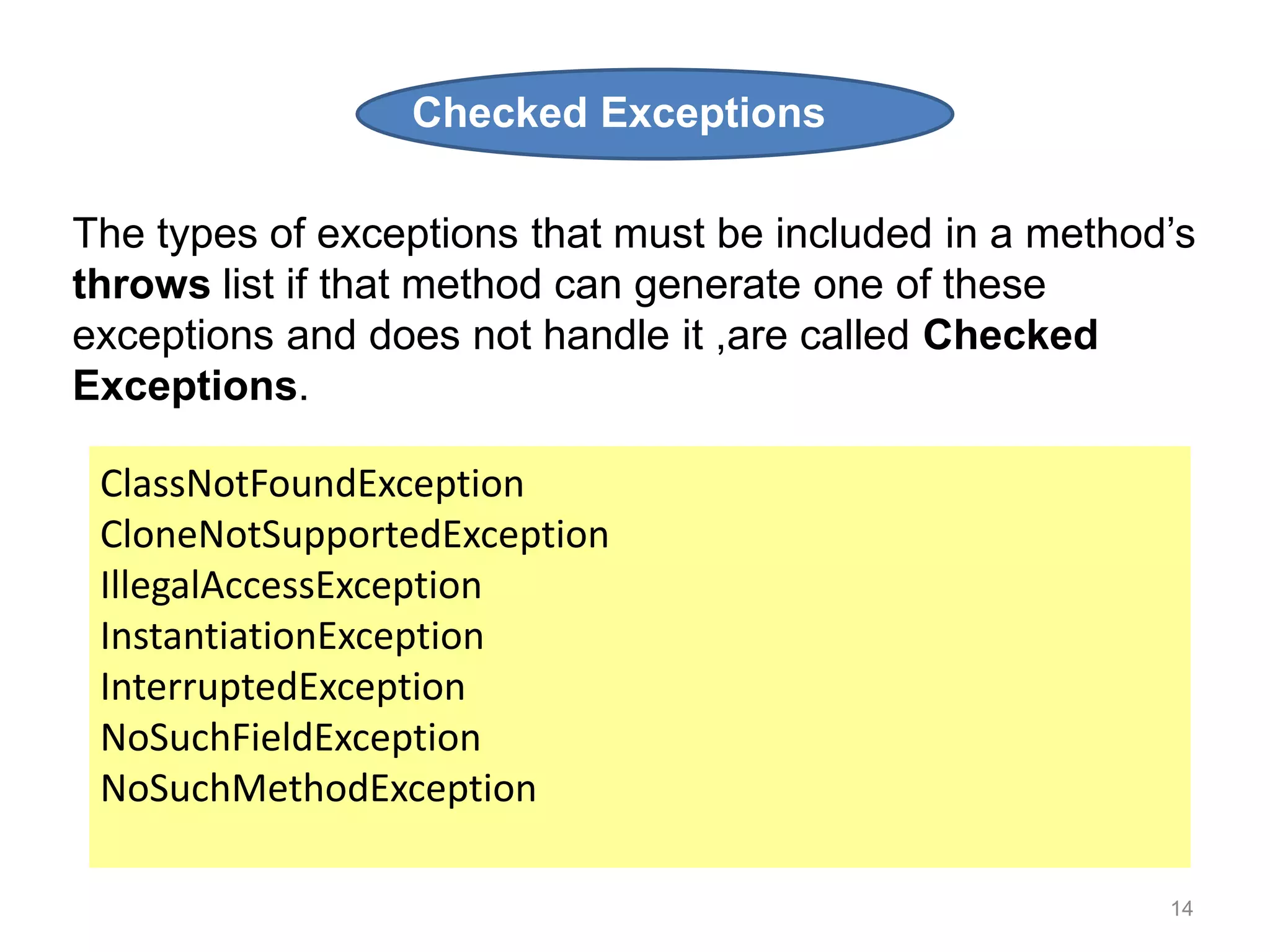 14
ClassNotFoundException
CloneNotSupportedException
IllegalAccessException
InstantiationException
InterruptedException
NoSuchFieldException
NoSuchMethodException
The types of exceptions that must be included in a method’s
throws list if that method can generate one of these
exceptions and does not handle it ,are called Checked
Exceptions.
Checked Exceptions
 
