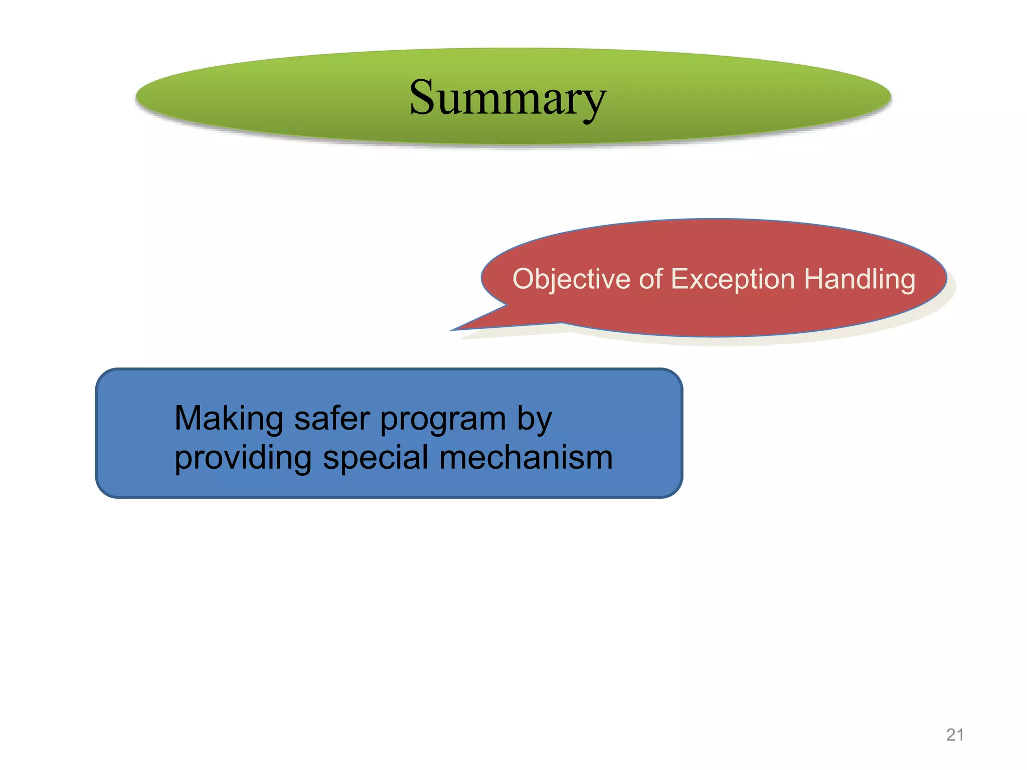 21
Making safer program by
providing special mechanism
Objective of Exception Handling
Summary
 
