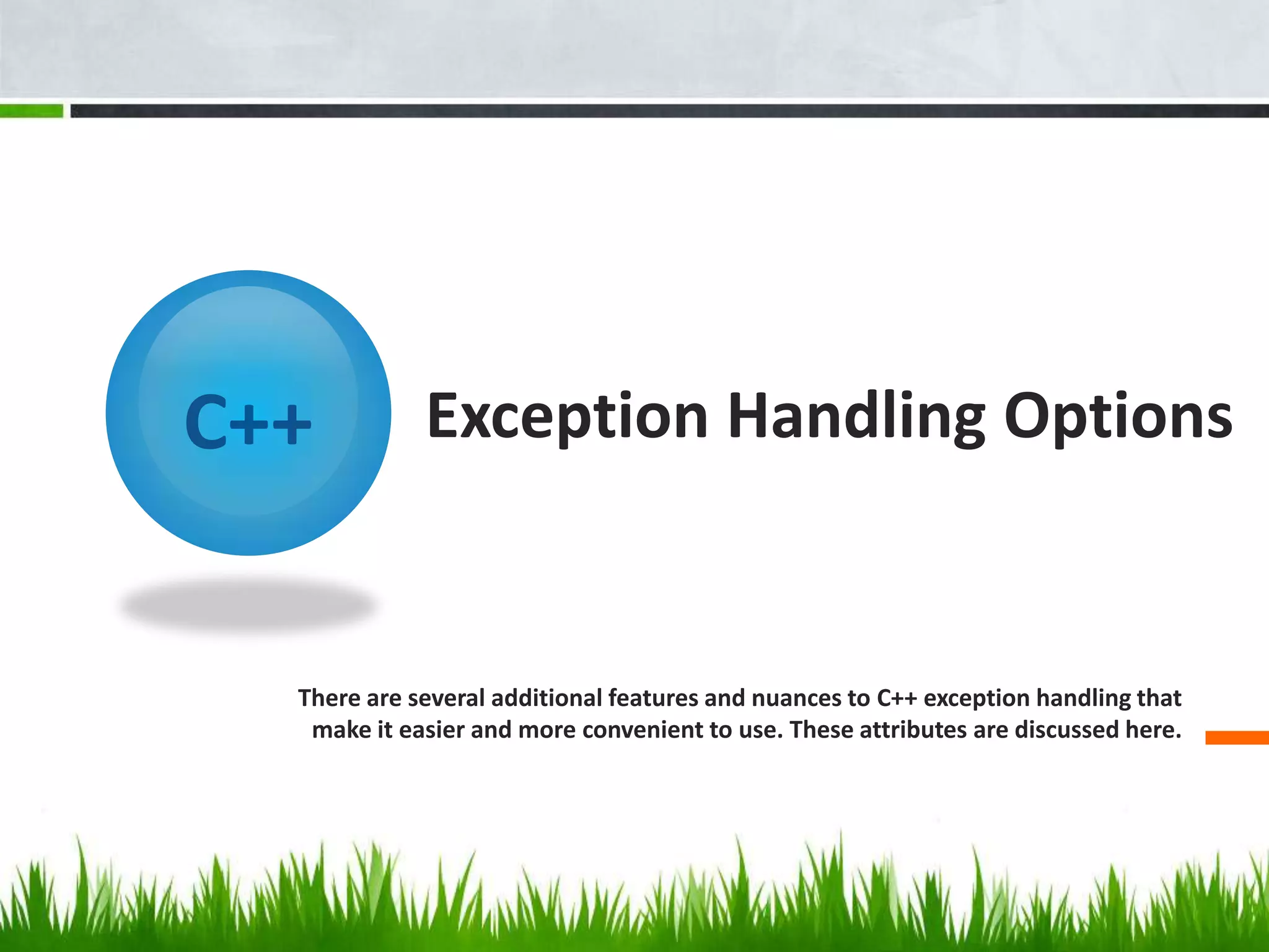 Exception Handling Options
There are several additional features and nuances to C++ exception handling that
make it easier and more convenient to use. These attributes are discussed here.
 