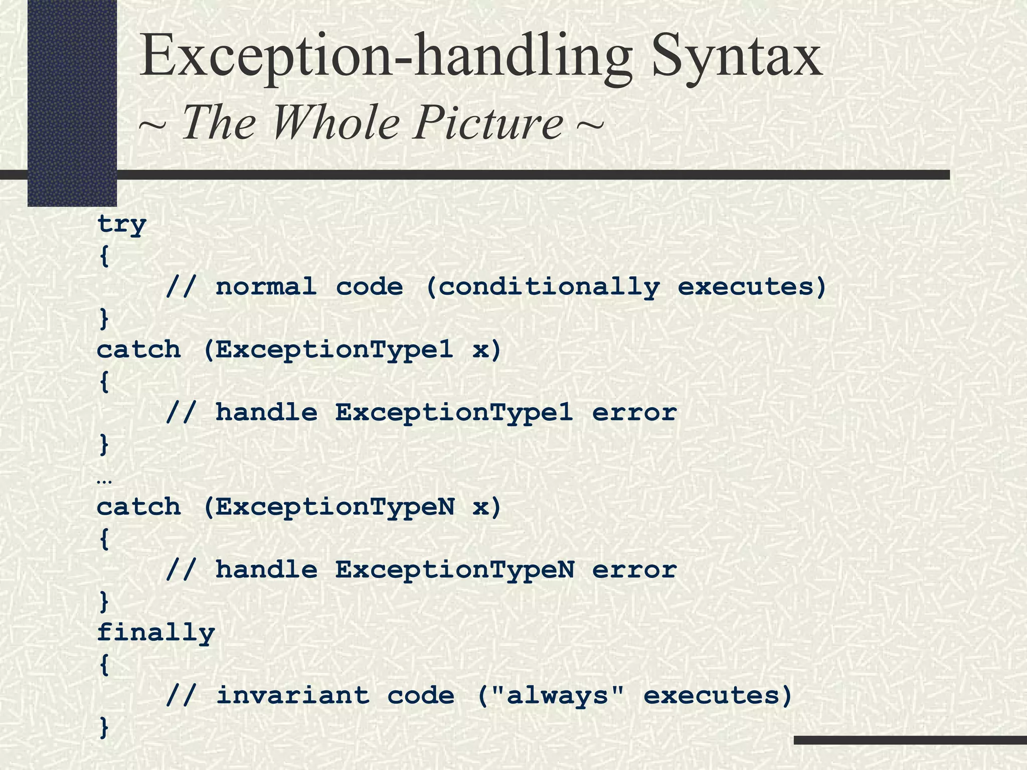 Exception-handling Syntax
~ The Whole Picture ~
try
{
// normal code (conditionally executes)
}
catch (ExceptionType1 x)
{
// handle ExceptionType1 error
}
…
catch (ExceptionTypeN x)
{
// handle ExceptionTypeN error
}
finally
{
// invariant code ("always" executes)
}
 