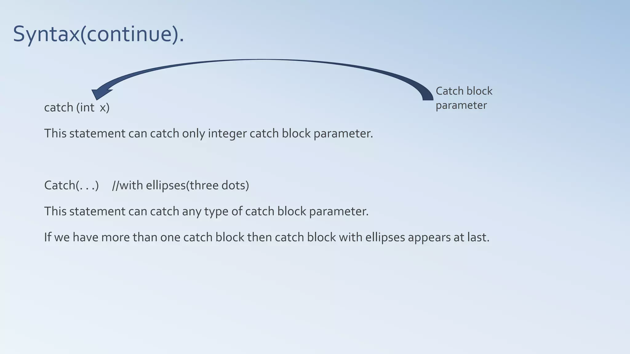 Syntax(continue).
catch (int x)
This statement can catch only integer catch block parameter.
Catch(. . .) //with ellipses(three dots)
This statement can catch any type of catch block parameter.
If we have more than one catch block then catch block with ellipses appears at last.
Catch block
parameter
 