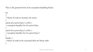 Divyavani, Assistant Professor 8
This is the general form of an exception-handling block:
try
{
// block of code to monitor for errors
}
catch (ExceptionType1 exOb) {
// exception handler for ExceptionType
}
catch (ExceptionType2 exOb) {
// exception handler for ExceptionType2
}
finally {
// block of code to be executed after try block ends
}
 