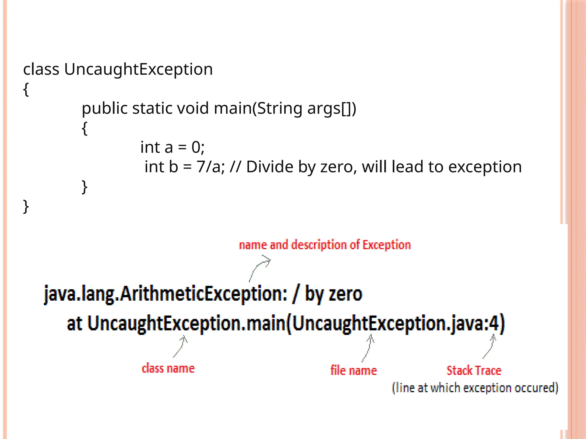 class UncaughtException
{
public static void main(String args[])
{
int a = 0;
int b = 7/a; // Divide by zero, will lead to exception
}
}
 