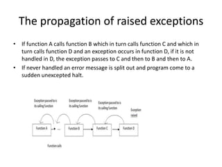The propagation of raised exceptions
• If function A calls function B which in turn calls function C and which in
turn calls function D and an exception occurs in function D, if it is not
handled in D, the exception passes to C and then to B and then to A.
• If never handled an error message is split out and program come to a
sudden unexcepted halt.
 