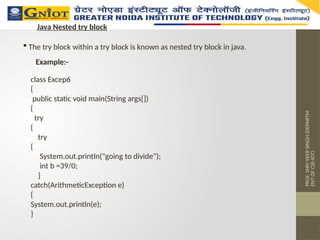 PROF.
SHIV
VEER
SINGH
(DEPARTM
ENT
OF
CSE-IOT)
Java Nested try block
 The try block within a try block is known as nested try block in java.
class Excep6
{
public static void main(String args[])
{
try
{
try
{
System.out.println("going to divide");
int b =39/0;
}
catch(ArithmeticException e)
{
System.out.println(e);
}
Example:-
 