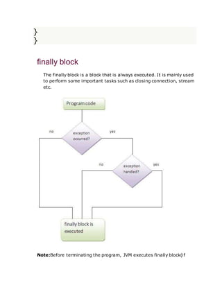 }
}
finally block
The finally block is a block that is always executed. It is mainly used
to perform some important tasks such as closing connection, stream
etc.
Note:Before terminating the program, JVM executes finally block(if
 