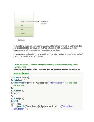 In the above example exception occurs in m() method where it is not handled,so
it is propagated to previous n() method where it is not handled, again it is
propagated to p() method where exception is handled.
Exception can be handled in any method in call stack either in main() method,p()
method,n() method or m() method.
Rule: By default, Checked Exceptions are not forwarded in calling chain
(propagated).
Program which describes that checked exceptions are not propagated
copy to clipboard
1. class Simple{
2. void m(){
3. throw new java.io.IOException("device error");//checked
exception
4. }
5. void n(){
6. m();
7. }
8. void p(){
9. try{
10. n();
11. }catch(Exception e){System.out.println("exception
handeled");}
 