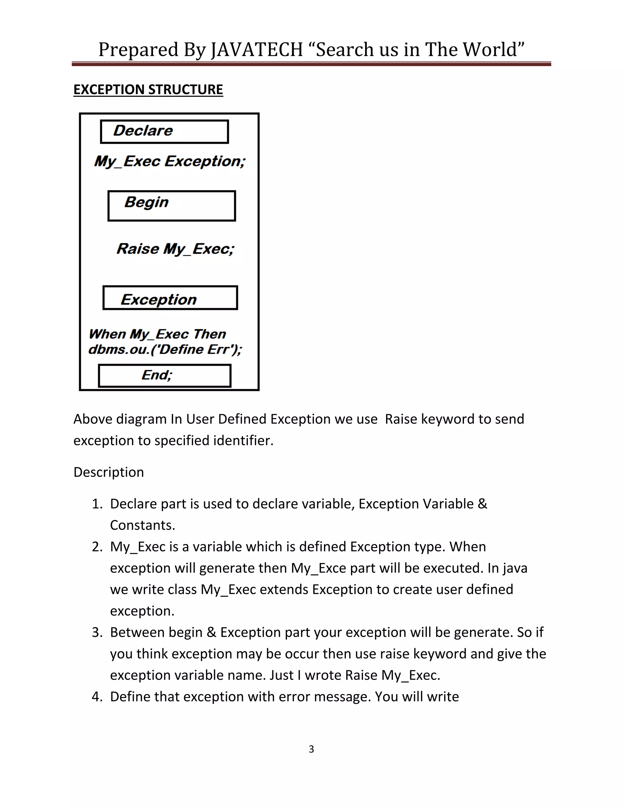 Prepared By JAVATECH “Search us in The World”
3
EXCEPTION STRUCTURE
Above diagram In User Defined Exception we use Raise keyword to send
exception to specified identifier.
Description
1. Declare part is used to declare variable, Exception Variable &
Constants.
2. My_Exec is a variable which is defined Exception type. When
exception will generate then My_Exce part will be executed. In java
we write class My_Exec extends Exception to create user defined
exception.
3. Between begin & Exception part your exception will be generate. So if
you think exception may be occur then use raise keyword and give the
exception variable name. Just I wrote Raise My_Exec.
4. Define that exception with error message. You will write
 
