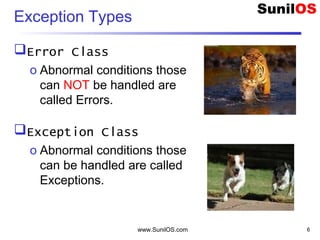www.SunilOS.com 6
Exception Types
Error Class
o Abnormal conditions those
can NOT be handled are
called Errors.
Exception Class
o Abnormal conditions those
can be handled are called
Exceptions.
 