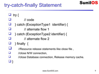 www.SunilOS.com 9
try-catch-finally Statement
 try {
 // code
 } catch (ExceptionType1 identifier) {
 // alternate flow 1
 } catch (ExceptionType2 identifier) {
 // alternate flow 2
 } finally {
 //Resource release statements like close file ,
 //close N/W connection,
 //close Database connection, Release memory cache.
 }
 