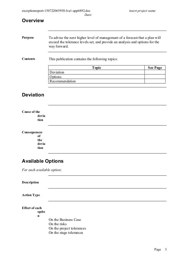 Prince 2 project managment Document Exception report