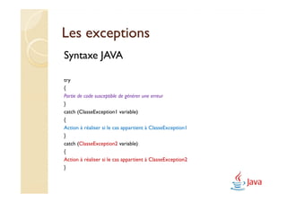 Les exceptions
Syntaxe JAVA

try
{
Partie de code susceptible de générer une erreur
}
catch (ClasseException1 variable)
{
Action à réaliser si le cas appartient à ClasseException1
}
catch (ClasseException2 variable)
{
Action à réaliser si le cas appartient à ClasseException2
}
 