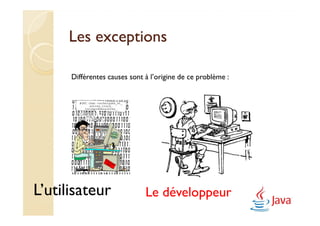 Les exceptions

      Différentes causes sont à l’origine de ce problème :




L’utilisateur                 Le développeur
 