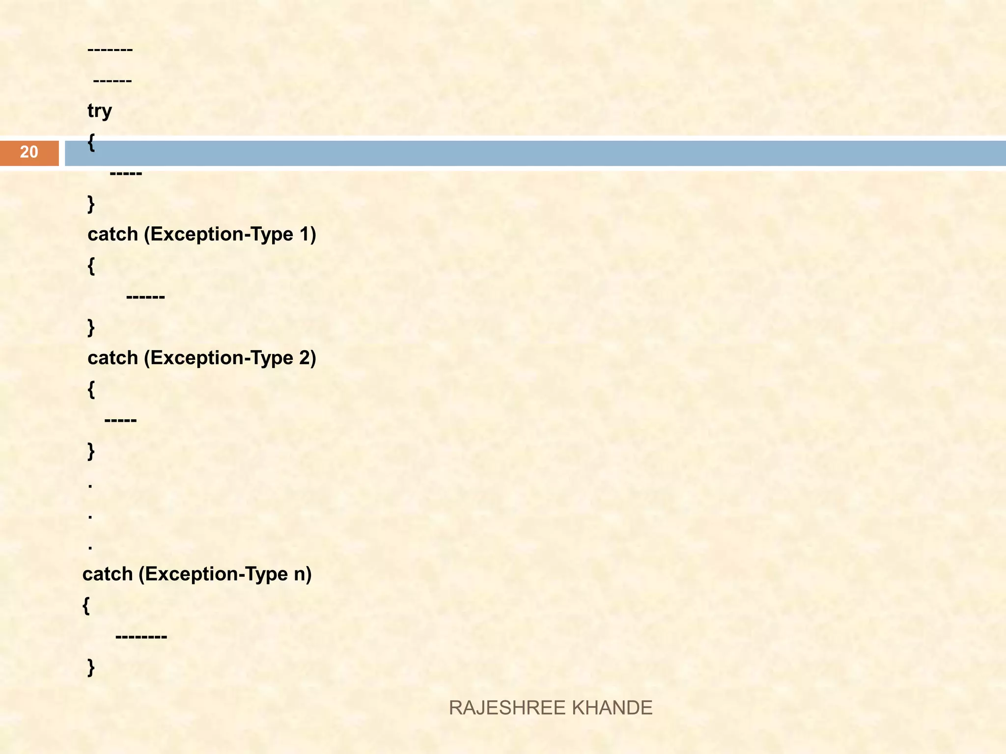 ------- ------ try { ----- } catch (Exception-Type 1) { ------ } catch (Exception-Type 2) { ----- } . . . catch (Exception-Type n) { -------- } 20 RAJESHREE KHANDE 