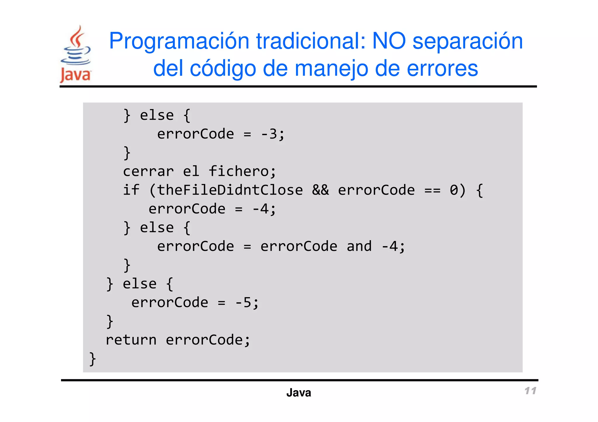 Programación tradicional: NO separación 
del código de manejo de errores 
} else { 
errorCode = -3; 
} 
cerrar el fichero; 
if (theFileDidntClose && errorCode == 0) { 
errorCode = -4; 
Java 11 
} else { 
errorCode = errorCode and -4; 
} 
} else { 
errorCode = -5; 
} 
return errorCode; 
} 
 