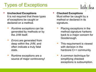 Types of Exceptions
•   Unchecked Exceptions                  •   Checked Exceptions
    It is not required that these types       Must either be caught by a
    of exceptions be caught or                method or declared in its
    declared on a method.                     signature.

    •   Runtime exceptions can be             •   Placing exceptions in the
        generated by methods or by                method signature harkens
        the JVM itself.                           back to a major concern for
                                                  Goodenough.
    •   Errors are generated from
        deep within the JVM, and              •   This requirement is viewed
        often indicate a truly fatal              with derision in the
        state.                                    hardcore C++ community.

    •   Runtime exceptions are a              •   A common technique for
        source of major controversy!              simplifying checked
                                                  exceptions is subsumption.
 