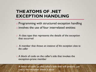 THE ATOMS OF .NET
EXCEPTION HANDLING
o Programming with structured exception handling
o involves the use of four interrelated entities:
o A class type that represents the details of the exception
that occurred
o A member that throws an instance of the exception class to
the caller
o A block of code on the caller’s side that invokes the
exception-prone member
o A block of code on the caller’s side that will process (or
catch) the exception should it occur
 
