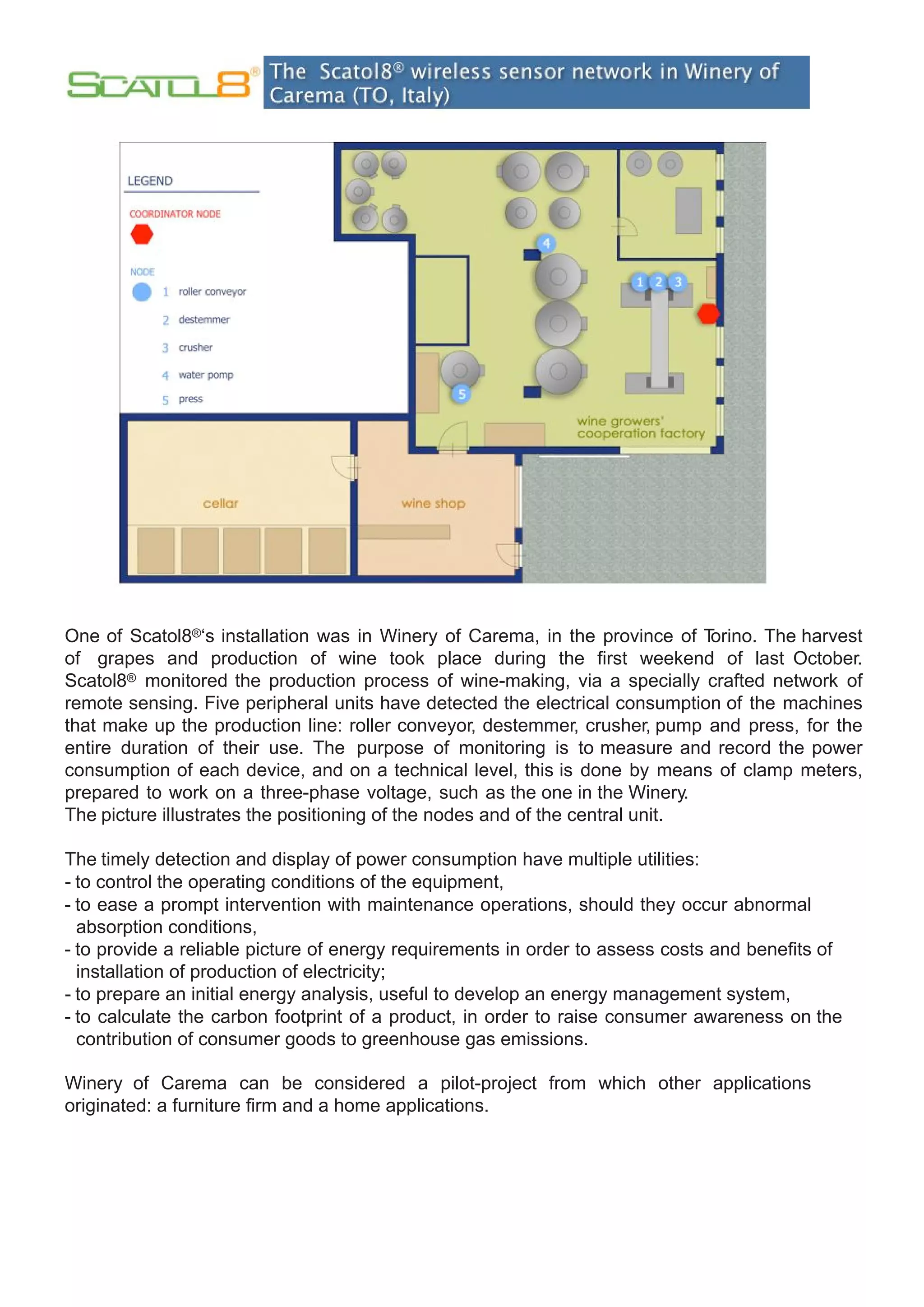One of Scatol8®‘s installation was in Winery of Carema, in the province of T  orino. The harvest
of grapes and production of wine took place during the first weekend of last October.
Scatol8® monitored the production process of wine-making, via a specially crafted network of
remote sensing. Five peripheral units have detected the electrical consumption of the machines
that make up the production line: roller conveyor, destemmer, crusher, pump and press, for the
entire duration of their use. The purpose of monitoring is to measure and record the power
consumption of each device, and on a technical level, this is done by means of clamp meters,
prepared to work on a three-phase voltage, such as the one in the Winery.
The picture illustrates the positioning of the nodes and of the central unit.

The timely detection and display of power consumption have multiple utilities:
- to control the operating conditions of the equipment,
- to ease a prompt intervention with maintenance operations, should they occur abnormal
  absorption conditions,
- to provide a reliable picture of energy requirements in order to assess costs and benefits of
  installation of production of electricity;
- to prepare an initial energy analysis, useful to develop an energy management system,
- to calculate the carbon footprint of a product, in order to raise consumer awareness on the
  contribution of consumer goods to greenhouse gas emissions.

Winery of Carema can be considered a pilot-project from which other applications
originated: a furniture firm and a home applications.
 