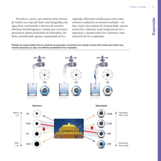 Percebe-se, assim, que existem várias formas
de encher um copo (de fazer uma fotografia) com
água (luz), controlando a abertura da torneira
(abertura do diafragma) e o tempo que a torneira
permanece aberta (velocidade do obturador). De
facto, considerando apenas a quantidade de luz
registada, diferentes combinações entre estas
variáveis conduzem ao mesmo resultado – ou
seja, numa clara relação de reciprocidade, quanto
menor for a abertura, mais longa terá de ser a
exposição; e quanto maior for a abertura, mais
curta terá de ser a exposição.
f/16
1/30
f/11
1/60
f/8
1/125
f/8 1/250
f/5.6 1/125
f/4 1/60
f/2.8 1/30Mais
Luz
Exposição
mais curta
Exposição
mais longa
Menos
Luz
Abertura Velocidade
Relação de reciprocidade entre as variáveis da exposição, mostrando uma relação inversa entre ambas para obter uma
mesma exposição (ou seja, uma idêntica quantidade de luz registada)
Exposição
41Entender a exposição
miolo_Fotografia_Print.indd 41miolo_Fotografia_Print.indd 41 10/10/22 16:2910/10/22 16:29
 