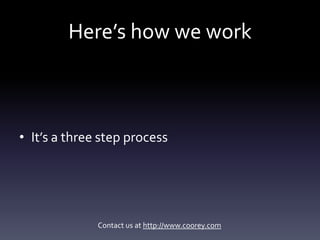 Here’s how we work



• It’s a three step process




              Contact us at http://www.coorey.com
 