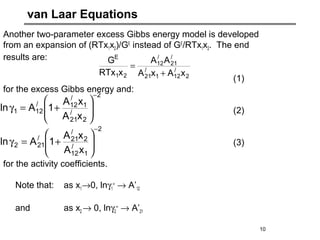 van Laar Equations
2
/
121
/
21
/
21
/
12
21
E
xAxA
AA
xRTx
G
+
=
10
Another two-parameter excess Gibbs energy model is developed
from an expansion of (RTx1x2)/GE
instead of GE
/RTx1x2. The end
results are:
(1)
for the excess Gibbs energy and:
(2)
(3)
for the activity coefficients.
Note that: as x1→0, lnγ1
∞
→ A’12
and as x2 → 0, lnγ2
∞
→ A’21
2
2
/
21
1
/
12/
121
xA
xA
1Aln
−






+=γ
2
1
/
12
2
/
21/
212
xA
xA
1Aln
−






+=γ
 