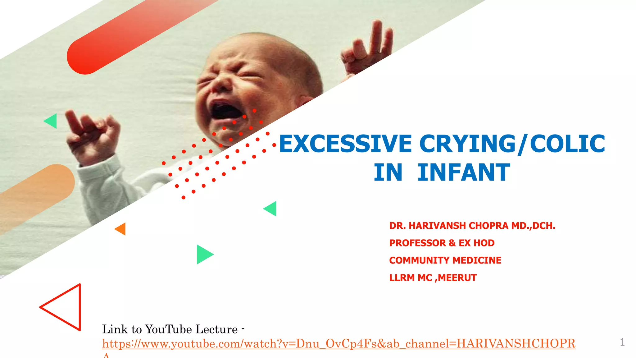 1
EXCESSIVE CRYING/COLIC
IN INFANT
DR. HARIVANSH CHOPRA MD.,DCH.
PROFESSOR & EX HOD
COMMUNITY MEDICINE
LLRM MC ,MEERUT
Link to YouTube Lecture -
https://www.youtube.com/watch?v=Dnu_OvCp4Fs&ab_channel=HARIVANSHCHOPR