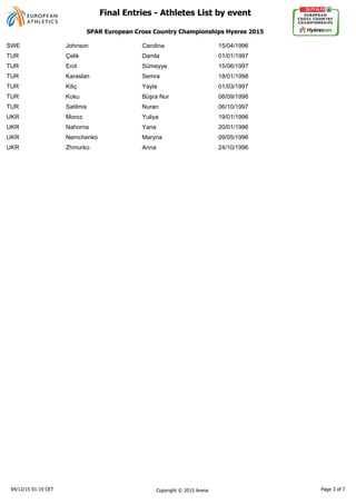 SWE Johnson Carolina 15/04/1996
TUR Çelik Damla 01/01/1997
TUR Erol Sümeyye 15/06/1997
TUR Karaslan Semra 18/01/1998
TUR Kiliç Yayla 01/03/1997
TUR Koku 06/09/1996
TUR Satilmis Nuran 06/10/1997
UKR Moroz Yuliya 19/01/1996
UKR Nahorna Yana 20/01/1996
UKR Nemchenko Maryna 09/05/1996
UKR Zhmurko Anna 24/10/1996
04/12/15 01:19 CET Copyright © 2015 Arena Page 3 of 7
SPAR European Cross Country Championships Hyeres 2015
Final Entries - Athletes List by event
 