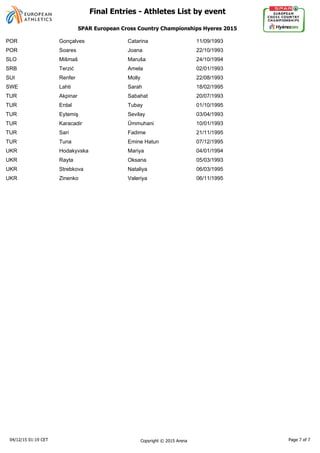 POR Gonçalves Catarina 11/09/1993
POR Soares Joana 22/10/1993
SLO Mišmaš Maruša 24/10/1994
SRB Amela 02/01/1993
SUI Renfer Molly 22/08/1993
SWE Lahti Sarah 18/02/1995
TUR Akpinar Sabahat 20/07/1993
TUR Erdal Tubay 01/10/1995
TUR Sevilay 03/04/1993
TUR Karacadir Ümmuhani 10/01/1993
TUR Sari Fadime 21/11/1995
TUR Tuna Emine Hatun 07/12/1995
UKR Hodakyvska Mariya 04/01/1994
UKR Rayta Oksana 05/03/1993
UKR Strebkova Nataliya 06/03/1995
UKR Zinenko Valeriya 06/11/1995
04/12/15 01:19 CET Copyright © 2015 Arena Page 7 of 7
SPAR European Cross Country Championships Hyeres 2015
Final Entries - Athletes List by event
 