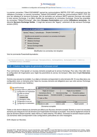 Installation et configuration de Exchange 2010 par Michaël Todorovic (Autres articles) (Blog)

Le premier connecteur "Client EXCHANGE" permet les communications SMTPS (TCP 587) uniquement pour les
utilisateurs Exchange. Le second connecteur "Default EXCHANGE" permet les communications SMTP (TCP 25)
pour les utilisateurs et serveurs Exchange. Afin de permettre aux serveurs SMTP externes d'envoyer des emails
à notre serveur Exchange, il va falloir modifier les autorisations du connecteur Exchange. Ouvrez les propriétés
du connecteur "Default Exchange", allez dans Groupes d'autorisation puis cochez Utilisateurs anonymes. J'ai
décoché Serveurs Exchange hérités : il s'agit des serveurs dits "legacy", autrement dit des serveurs Exchange
anciens (2003).

Modification du connecteur de réception
Voici la commande Powershell équivalente :
Set-ReceiveConnector -PermissionGroups 'AnonymousUsers, ExchangeUsers, ExchangeServers' -Identity
'EXCHANGEDefault EXCHANGE'

VI-E - Création des règles de génération d'adresses email
Pour commencer, il faut ajouter un nouveau domaine accepté par le serveur Exchange. Pour cela, il faut aller dans
la configuration de l'organisation pour régler les paramètres du serveur de transport. Allez dans l'onglet Domaines
acceptés.
Comme vous pouvez le constater, il y a déjà un domaine correspondant à votre domaine AD. Si vous êtes dans une
configuration avec un domaine privé, l'ajout du nouveau domaine est obligatoire pour que votre serveur Exchange
puisse communiquer avec l'extérieur.

Domaines acceptés
Faites un clic droit en dessous du domaine par défaut puis Nouveau domaine accepté. Donnez un nom à ce nouveau
domaine puis indiquez le nom de domaine que l'organisation Exchange va accepter. Vous devrez également choisir le
type de domaine (faisant autorité, relais interne ou relais externe). Par défaut, choisissez le domaine faisant autorité.
Les domaines relais correspondent à des configurations particulières de votre messagerie.
Enfin cliquez sur Nouveau.

- 33 Copyright 2010 - Michaël Todorovic. Aucune reproduction, même partielle, ne peut être faite de ce site et de l'ensemble de son contenu : textes,
documents, images, etc sans l'autorisation expresse de l'auteur. Sinon vous encourez selon la loi jusqu'à 3 ans de prison et jusqu'à 300 000 E
de dommages et intérêts. Droits de diffusion permanents accordés à developpez LLC.
http://mtodorovic.developpez.com/tutoriels/windows/installation-configuration-exchange-2010/

 
