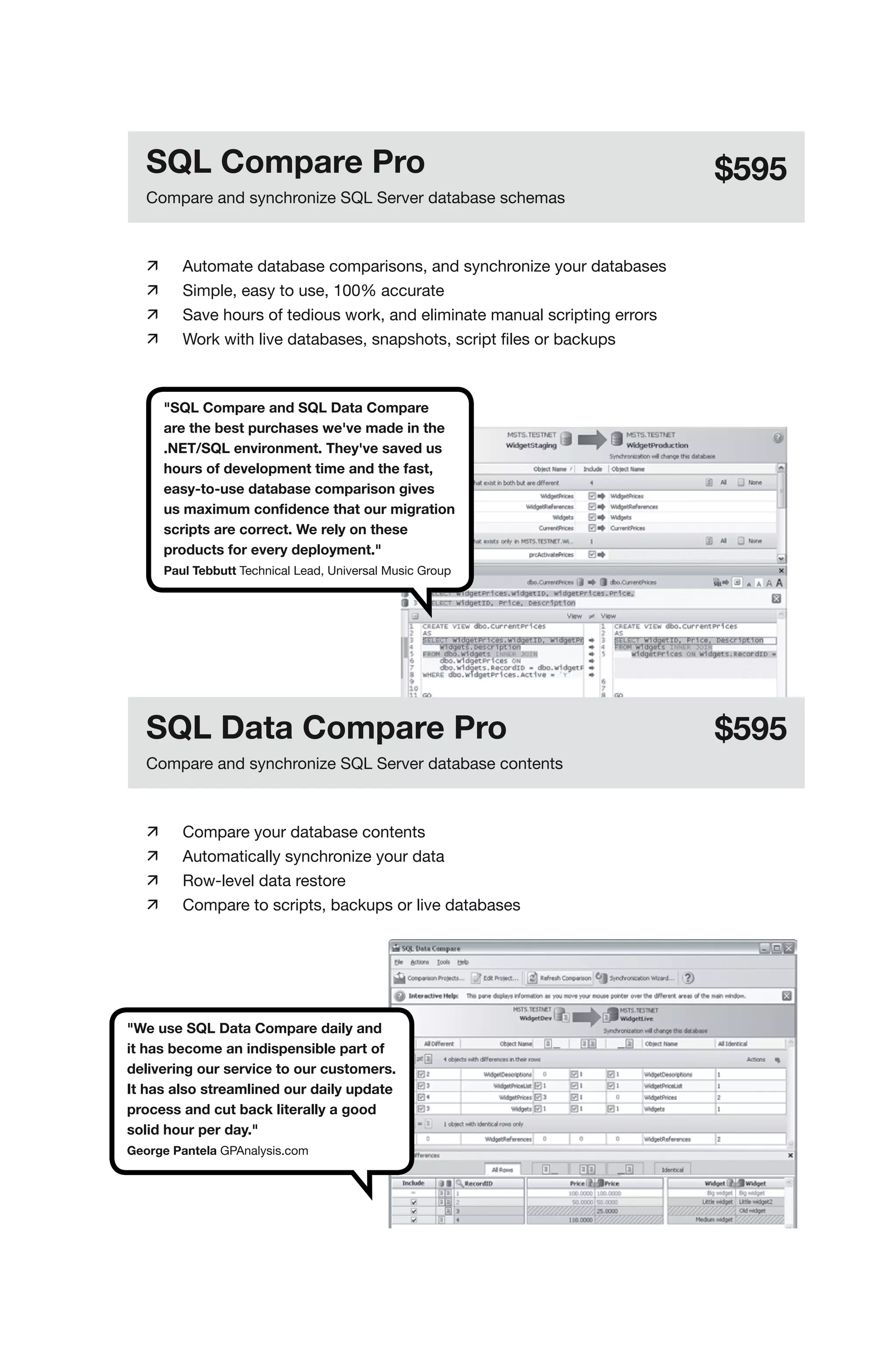 SQL Compare Pro                                                             $595
   Compare and synchronize SQL Server database schemas



   	      Automate database comparisons, and synchronize your databases
   	      Simple, easy to use, 100% accurate
   	      Save hours of tedious work, and eliminate manual scripting errors
   	      Work with live databases, snapshots, script files or backups



        "SQL Compare and SQL Data Compare
        are the best purchases we've made in the
        .NET/SQL environment. They've saved us
        hours of development time and the fast,
        easy-to-use database comparison gives
        us maximum confidence that our migration
        scripts are correct. We rely on these
        products for every deployment."
        Paul Tebbutt Technical Lead, Universal Music Group




   SQL Data Compare Pro                                                        $595
   Compare and synchronize SQL Server database contents



   	      Compare your database contents
   	      Automatically synchronize your data
   	      Row-level data restore
   	      Compare to scripts, backups or live databases




"We use SQL Data Compare daily and
it has become an indispensible part of
delivering our service to our customers.
It has also streamlined our daily update
process and cut back literally a good
solid hour per day."
George Pantela GPAnalysis.com
 