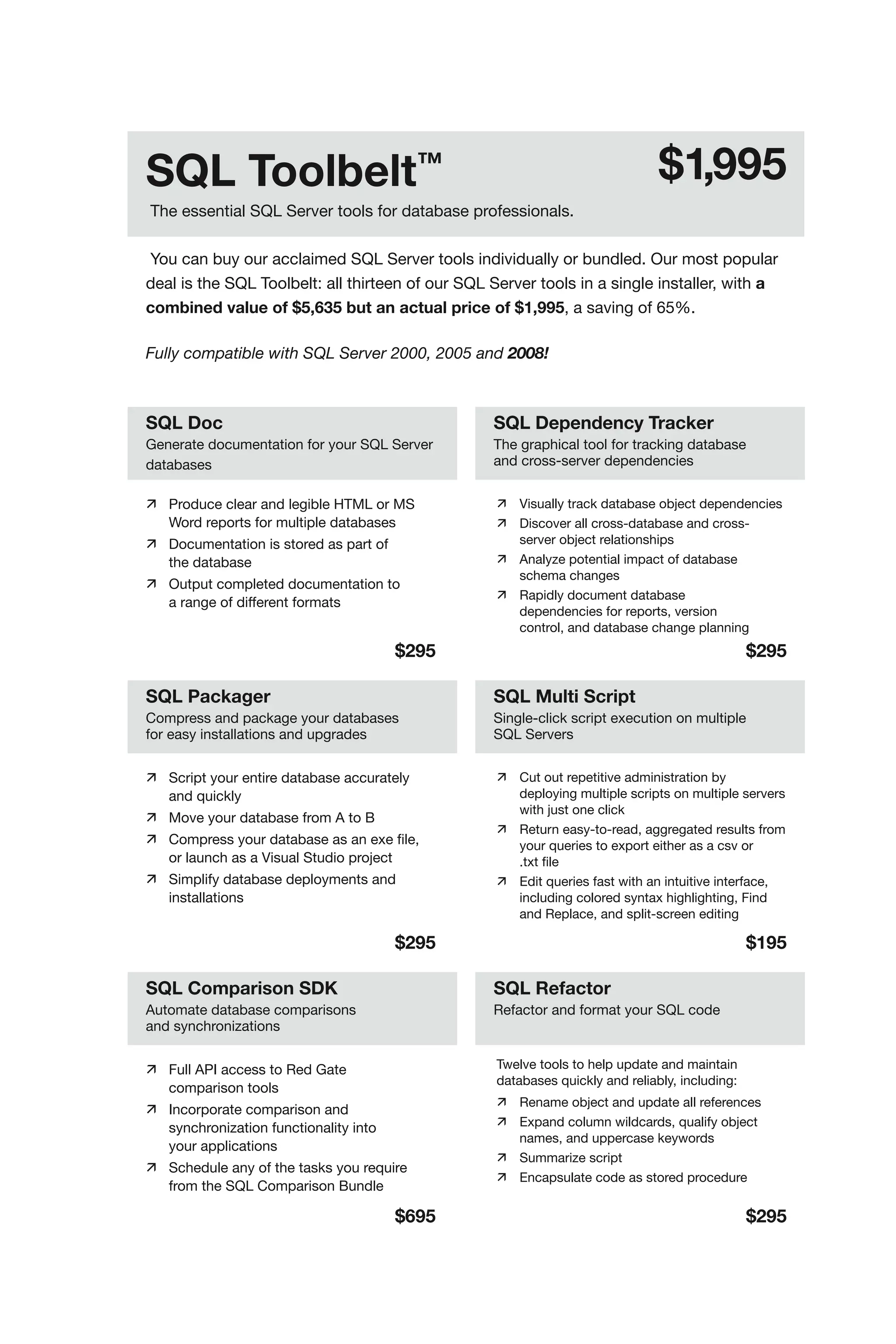 SQL Toolbelt™                                                                   $1,995
The essential SQL Server tools for database professionals.

You can buy our acclaimed SQL Server tools individually or bundled. Our most popular
deal is the SQL Toolbelt: all thirteen of our SQL Server tools in a single installer, with a
combined value of $5,635 but an actual price of $1,995, a saving of 65%.

Fully compatible with SQL Server 2000, 2005 and 2008!



SQL Doc                                           SQL Dependency Tracker
Generate documentation for your SQL Server        The graphical tool for tracking database
databases                                         and cross-server dependencies


	 Produce clear and legible HTML or MS            	   Visually track database object dependencies
	 Word reports for multiple databases              	   Discover all cross-database and cross-	
	 Documentation is stored as part of              	    server object relationships
	 the database                                     	   Analyze potential impact of database
                                                   	    schema changes
	 Output completed documentation to
                                                   	   Rapidly document database
	 a range of different formats
                                                   	    dependencies for reports, version
                                                   	    control, and database change planning
                                        $295                                                    $295

SQL Packager                                      SQL Multi Script
Compress and package your databases               Single-click script execution on multiple
for easy installations and upgrades               SQL Servers


	 Script your entire database accurately          	   Cut out repetitive administration by
	 and quickly                                      	    deploying multiple scripts on multiple servers
                                                   	    with just one click
	 Move your database from A to B
                                                   	   Return easy-to-read, aggregated results from
	 Compress your database as an exe file,          	    your queries to export either as a csv or
	 or launch as a Visual Studio project             	    .txt file
	 Simplify database deployments and               	   Edit queries fast with an intuitive interface,
	 installations                                    	    including colored syntax highlighting, Find
                                                   	    and Replace, and split-screen editing

                                        $295                                                    $195

SQL Comparison SDK                                SQL Refactor
Automate database comparisons                     Refactor and format your SQL code
and synchronizations


	 Full API access to Red Gate                     Twelve tools to help update and maintain
                                                   databases quickly and reliably, including:
	 comparison tools
                                                   	   Rename object and update all references
	 Incorporate comparison and
	 synchronization functionality into               	   Expand column wildcards, qualify object
                                                   	    names, and uppercase keywords
	 your applications
                                                   	   Summarize script
	 Schedule any of the tasks you require
                                                   	   Encapsulate code as stored procedure
	 from the SQL Comparison Bundle

                                        $695                                                    $295
 
