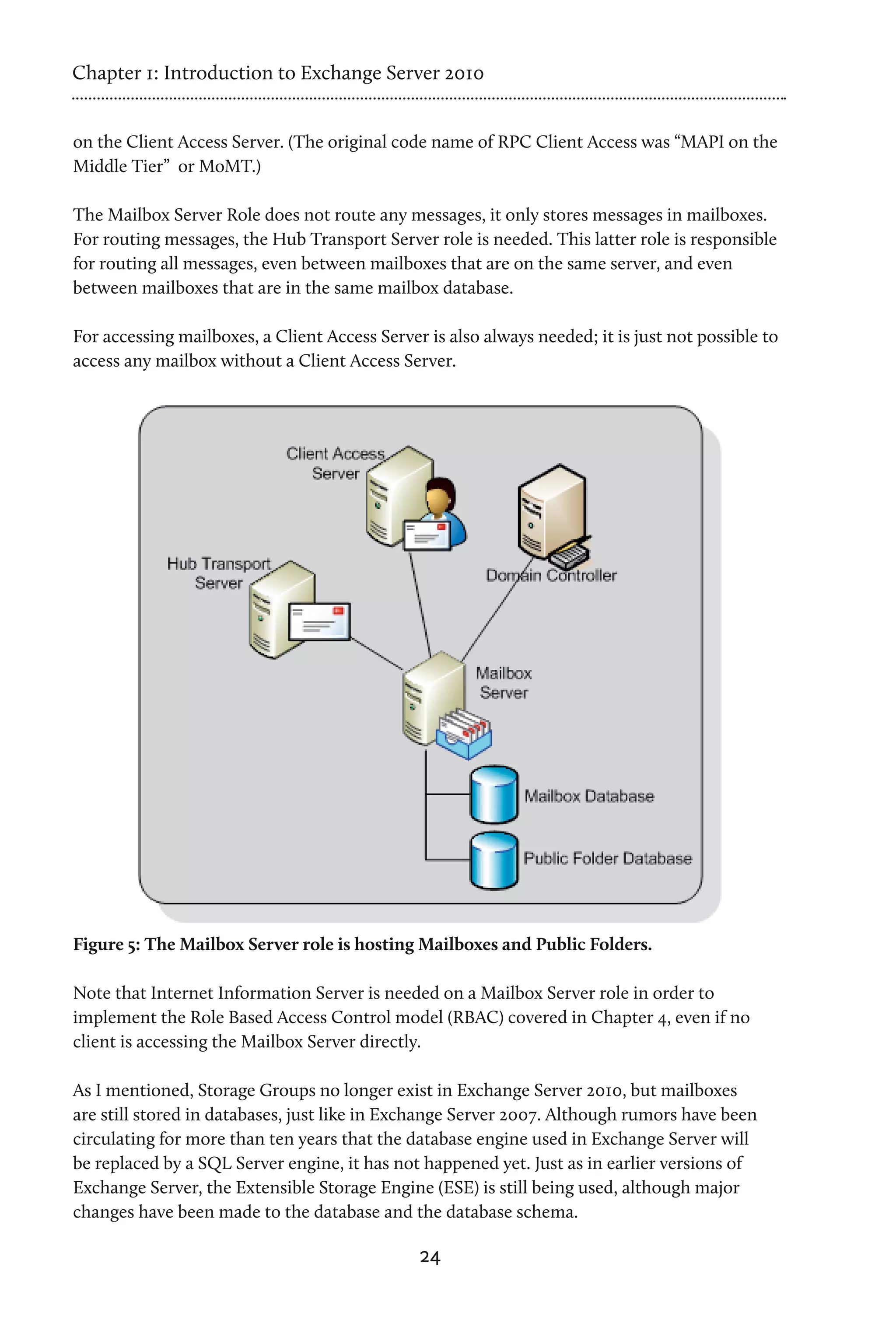 Chapter 1: Introduction to Exchange Server 2010


on the Client Access Server. (The original code name of RPC Client Access was “MAPI on the
Middle Tier” or MoMT.)

The Mailbox Server Role does not route any messages, it only stores messages in mailboxes.
For routing messages, the Hub Transport Server role is needed. This latter role is responsible
for routing all messages, even between mailboxes that are on the same server, and even
between mailboxes that are in the same mailbox database.

For accessing mailboxes, a Client Access Server is also always needed; it is just not possible to
access any mailbox without a Client Access Server.




Figure 5: The Mailbox Server role is hosting Mailboxes and Public Folders.

Note that Internet Information Server is needed on a Mailbox Server role in order to
implement the Role Based Access Control model (RBAC) covered in Chapter 4, even if no
client is accessing the Mailbox Server directly.

As I mentioned, Storage Groups no longer exist in Exchange Server 2010, but mailboxes
are still stored in databases, just like in Exchange Server 2007. Although rumors have been
circulating for more than ten years that the database engine used in Exchange Server will
be replaced by a SQL Server engine, it has not happened yet. Just as in earlier versions of
Exchange Server, the Extensible Storage Engine (ESE) is still being used, although major
changes have been made to the database and the database schema.

                                               24
 