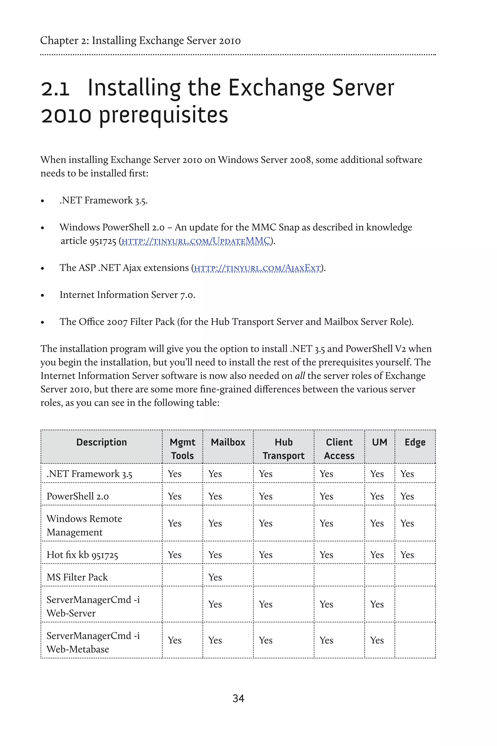 Chapter 2: Installing Exchange Server 2010



2.1	 Installing the Exchange Server
2010 prerequisites
When installing Exchange Server 2010 on Windows Server 2008, some additional software
needs to be installed first:

•	   .NET Framework 3.5.

•	   Windows PowerShell 2.0 – An update for the MMC Snap as described in knowledge
     article 951725 (http://tinyurl.com/UpdateMMC).

•	   The ASP .NET Ajax extensions (http://tinyurl.com/AjaxExt).

•	   Internet Information Server 7.0.

•	   The Office 2007 Filter Pack (for the Hub Transport Server and Mailbox Server Role).

The installation program will give you the option to install .NET 3.5 and PowerShell V2 when
you begin the installation, but you’ll need to install the rest of the prerequisites yourself. The
Internet Information Server software is now also needed on all the server roles of Exchange
Server 2010, but there are some more fine-grained differences between the various server
roles, as you can see in the following table:


        Description             Mgmt      Mailbox         Hub         Client      UM       Edge
                                Tools                  Transport      Access
 .NET Framework 3.5            Yes        Yes         Yes            Yes          Yes     Yes

 PowerShell 2.0                Yes        Yes         Yes            Yes          Yes     Yes

 Windows Remote                Yes        Yes         Yes            Yes          Yes     Yes
 Management

 Hot fix kb 951725             Yes        Yes         Yes            Yes          Yes     Yes

 MS Filter Pack                           Yes

 ServerManagerCmd -i                      Yes         Yes            Yes          Yes
 Web-Server

 ServerManagerCmd -i           Yes        Yes         Yes            Yes          Yes
 Web-Metabase



                                                34
 