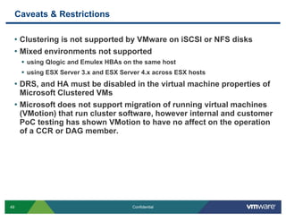 Caveats & Restrictions
• Clustering is not supported by VMware on iSCSI or NFS disks
• Mixed environments not supported
us...