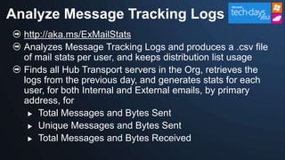 Analyze Message Tracking Logs
  http://aka.ms/ExMailStats
  Analyzes Message Tracking Logs and produces a .csv file
  of mail stats per user, and keeps distribution list usage
  Finds all Hub Transport servers in the Org, retrieves the
  logs from the previous day, and generates stats for each
  user, for both Internal and External emails, by primary
  address, for
    Total Messages and Bytes Sent

    Unique Messages and Bytes Sent

    Total Messages and Bytes Received
 