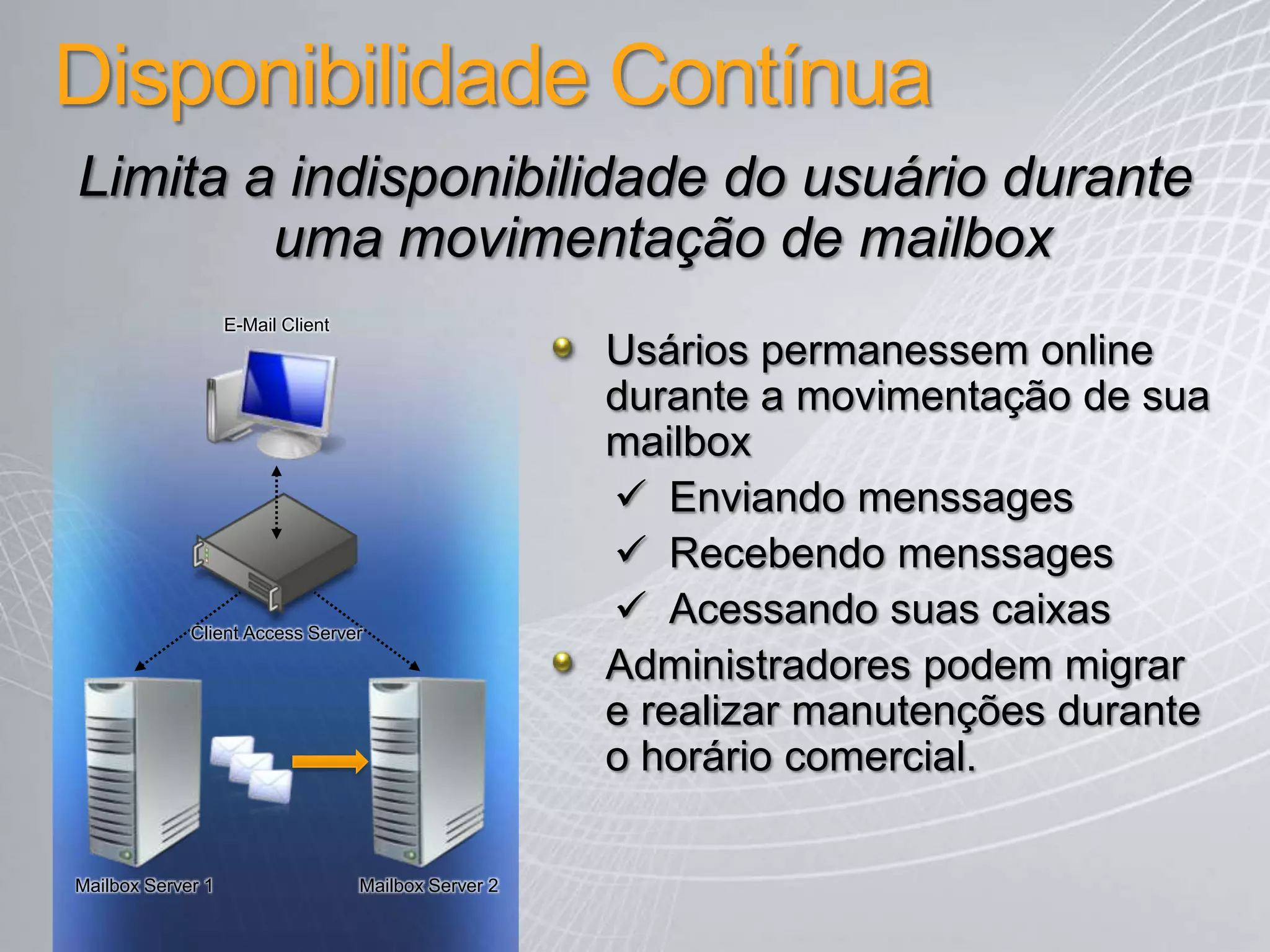 Proteção e ComplianceArquivamentogarante compliance com ferramentasavançadas de proteção e gerenciamento da infraestruturaExchange Server 2007Proteção on-premises e hosted de vírus e spamCompliance para leis regulamentaisSegurançaparadisposítivosmóveisExchange Server 2010E-mail archiving e políticas de retençãomaispoderosasProteção de e-mail automatizadaatravés do RMSPoderosaferramentagráfica de buscaemmultiplascaixaspostais com o eDiscovery