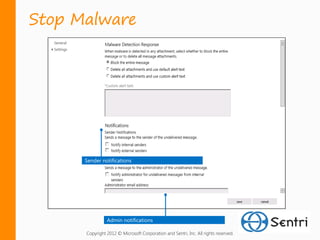 Stop Malware




      Sender notifications




                Admin notifications

      Copyright 2012 © Microsoft Corporation and Sentri, Inc. All rights reserved.
 