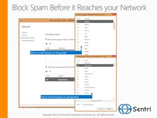 Block email based on language




        Block email based on geography




         Copyright 2012 © Microsoft Corporation and Sentri, Inc. All rights reserved.
 