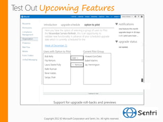 Upcoming Features




          Support for upgrade roll-backs and previews




 Copyright 2012 © Microsoft Corporation and Sentri, Inc. All rights reserved.
 