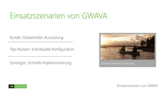 Einsatzszenarien von GWAVA
Einsatzszenarien von GWAVA
Kunde: Globetrotter Ausrüstung
Top-Nutzen: Individuelle Konfiguration
Sonstiges: Schnelle Implementierung Globetrotter Ausrüstung
 
