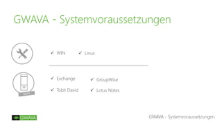 GWAVA - Systemvoraussetzungen
GWAVA - Systemvoraussetzungen
 WIN  Linux
 Exchange  GroupWise
 Tobit David  Lotus Notes
 