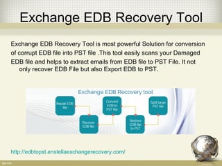 Exchange EDB Recovery Tool
Exchange EDB Recovery Tool is most powerful Solution for conversion
of corrupt EDB file into PST file .This tool easily scans your Damaged
EDB file and helps to extract emails from EDB file to PST File. It not
only recover EDB File but also Export EDB to PST.
http://edbtopst.enstellaexchangerecovery.com/
 