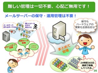 難しい管理は一切不要、心配ご無用です！

メールサーバーの保守・運用管理は不要！
                       保守も
           怪しいメール
メールサーバ     だけど
                     ハードウェアの
また止まってるよ   見ちゃえ
                    均一化/
                    更新も全部お任せ




                      24時間365日
                       連続で稼働
                      してくれる。
                             16
 